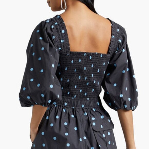 Ganni Shirred Smocked Ruffle Trimmed Polka Dot Cotton Poplin Top - Picture 6 of 9